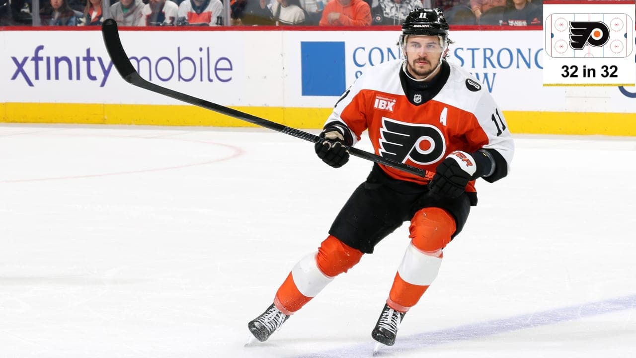Travis Konecny #11 of the Philadelphia Flyers skates against the Carolina Hurricanes at the Xfinity Mobile Arena on April 13, 2026 in Philadelphia, Pennsylvania