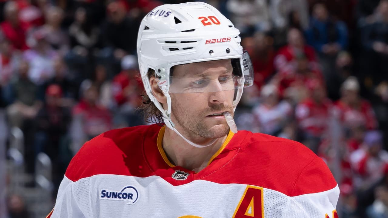 Blake Coleman #20 of the Calgary Flames skates around on a play stoppage against the Detroit Red Wings during the second period at Little Caesars Arena on March 16, 2026 in Detroit, Michigan. 