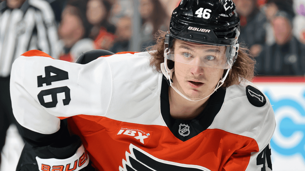 Trevor Zegras #46 of the Philadelphia Flyers looks on