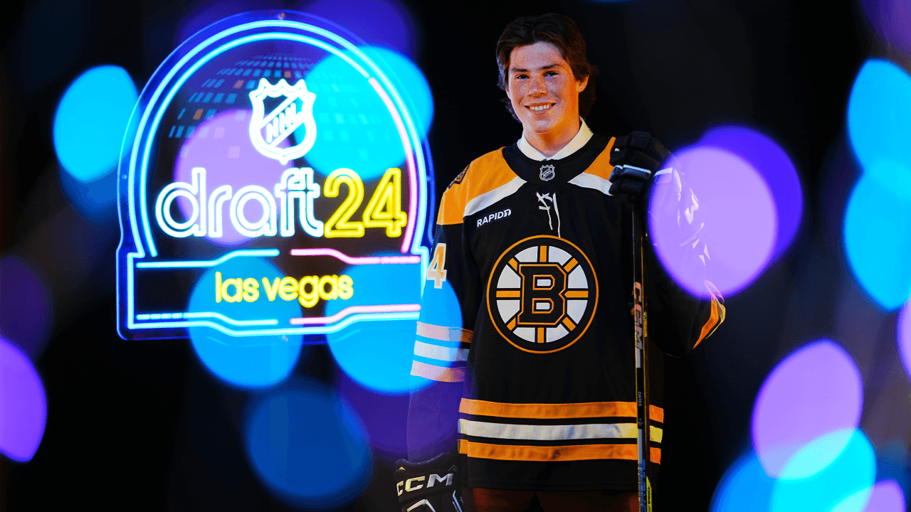 Dean Letourneau poses for a portrait after being selected 25th overall by the Boston Bruins during the 2024 Upper Deck NHL Draft 