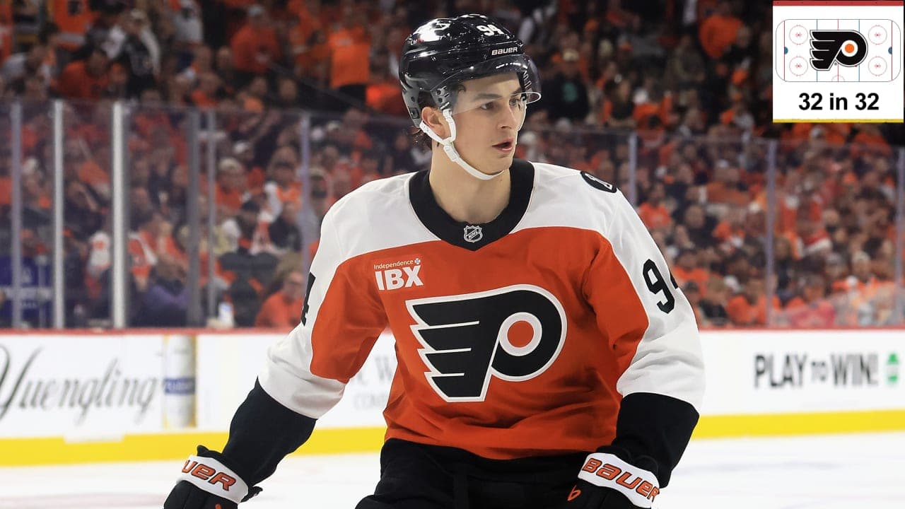 Porter Martone #94 of the Philadelphia Flyers skates against the Pittsburgh Penguins in Game Three of the First Round of the 2026 Stanley Cup Playoffs at Xfinity Mobile Arena on April 22, 2026 in Philadelphia, Pennsylvania