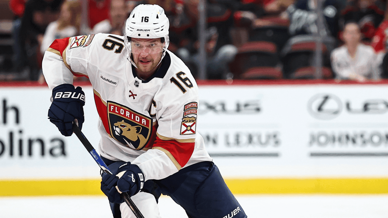 RALEIGH, NORTH CAROLINA - SEPTEMBER 29: Aleksander Barkov #16 of the Florida Panthers skates with the puck during the second period of the game against the Carolina Hurricanes at Lenovo Center on September 29, 2026 in Raleigh, North Carolina.