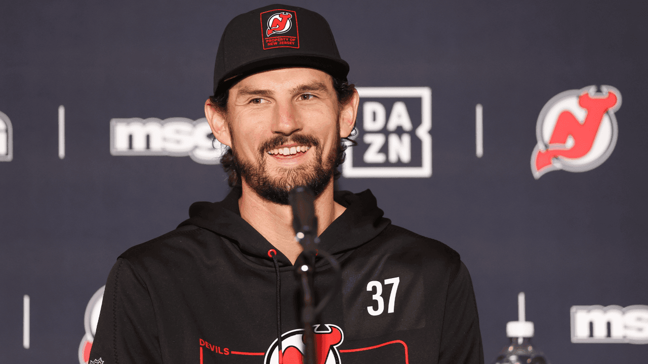 NEWARK, NEW JERSEY - OCTOBER 24: Connor Hellebuyck speaks to the media after being traded to the New Jersey Devils from the Winnipeg Jets at Prudential Center on October 24, 2026 in Newark, New Jersey.