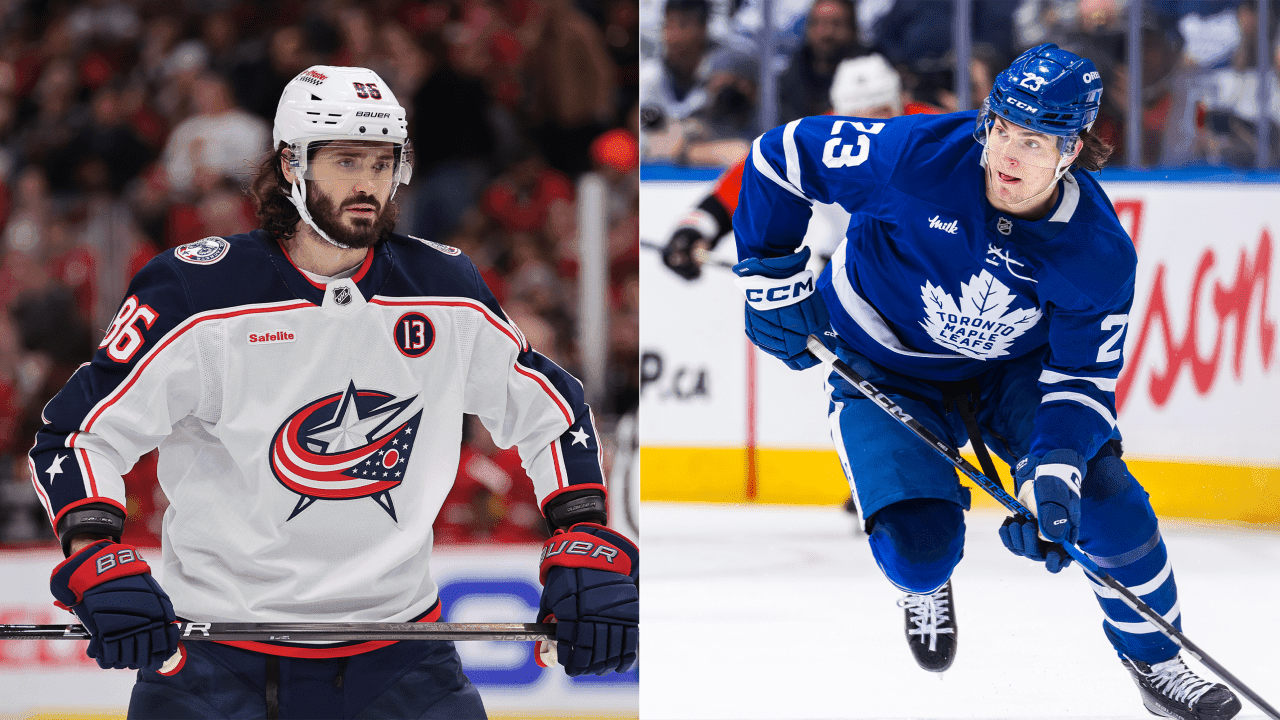 Kirill Marchenko #86 of the Columbus Blue Jackets | Matthew Knies #23 of the Toronto Maple Leafs