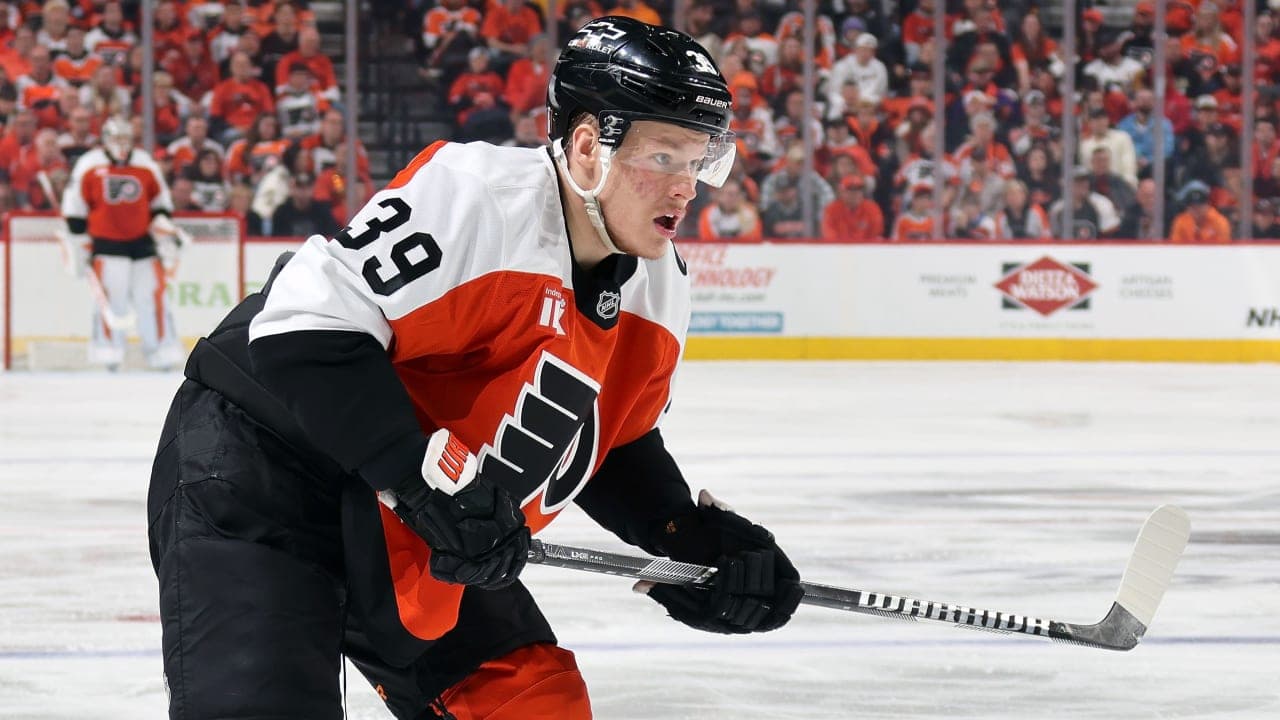 Matvei Michkov #39 of the Philadelphia Flyers skates against the Pittsburgh Penguins in Game Four of the First Round of the 2026 Stanley Cup Playoffs at the Xfinity Mobile Arena on April 25, 2026 in Philadelphia, Pennsylvania