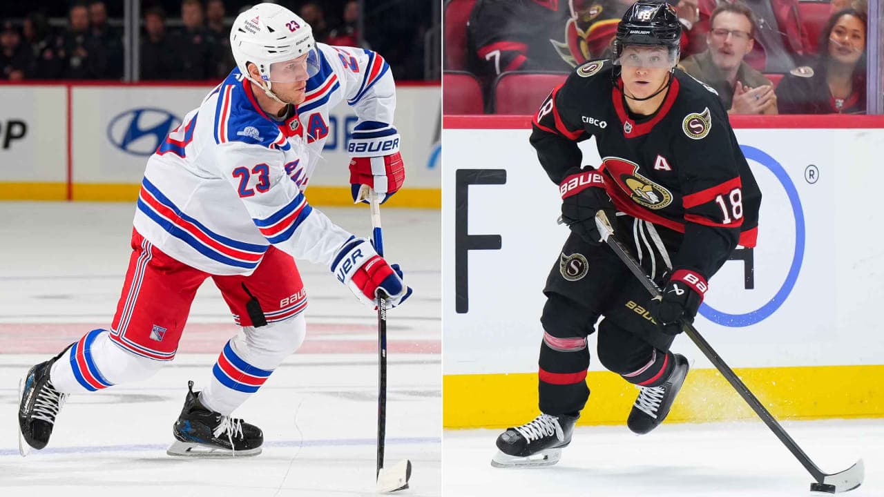 Adam Fox of Rangers and Tim Stutzle of Senators