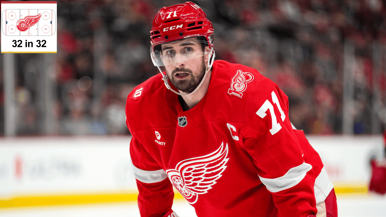 Dylan Larkin #71 of the Detroit Red Wings looks on