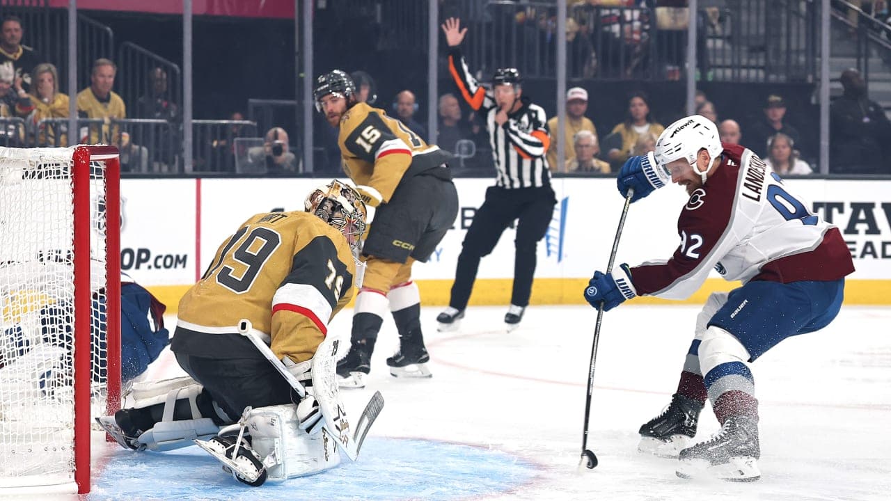 Gabriel Landeskog #92 of the Colorado Avalanche scores a goal against Carter Hart #79 of the Vegas Golden Knights during the first quarter in Game Three of the Western Conference Final of the 2026 Stanley Cup Playoffs at T-Mobile Arena on May 24, 2026 in Las Vegas, Nevada
