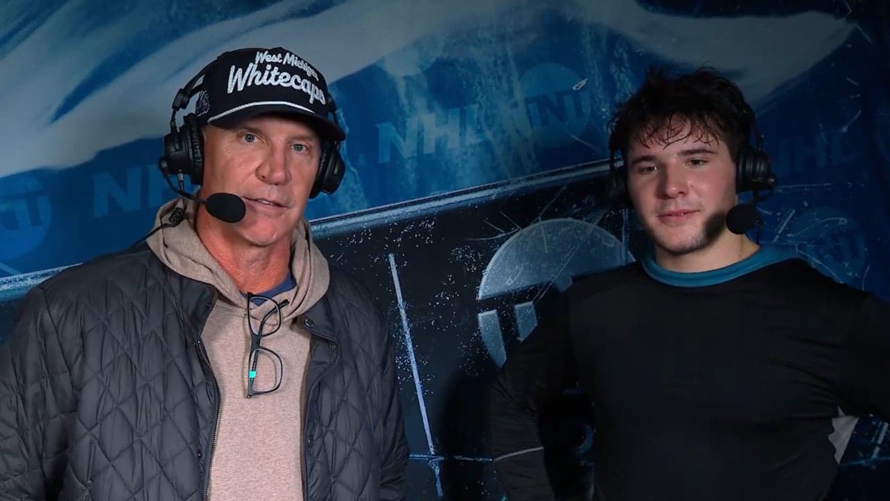 Cole and Mike Knuble speak to NHL on TNT crew after game. 