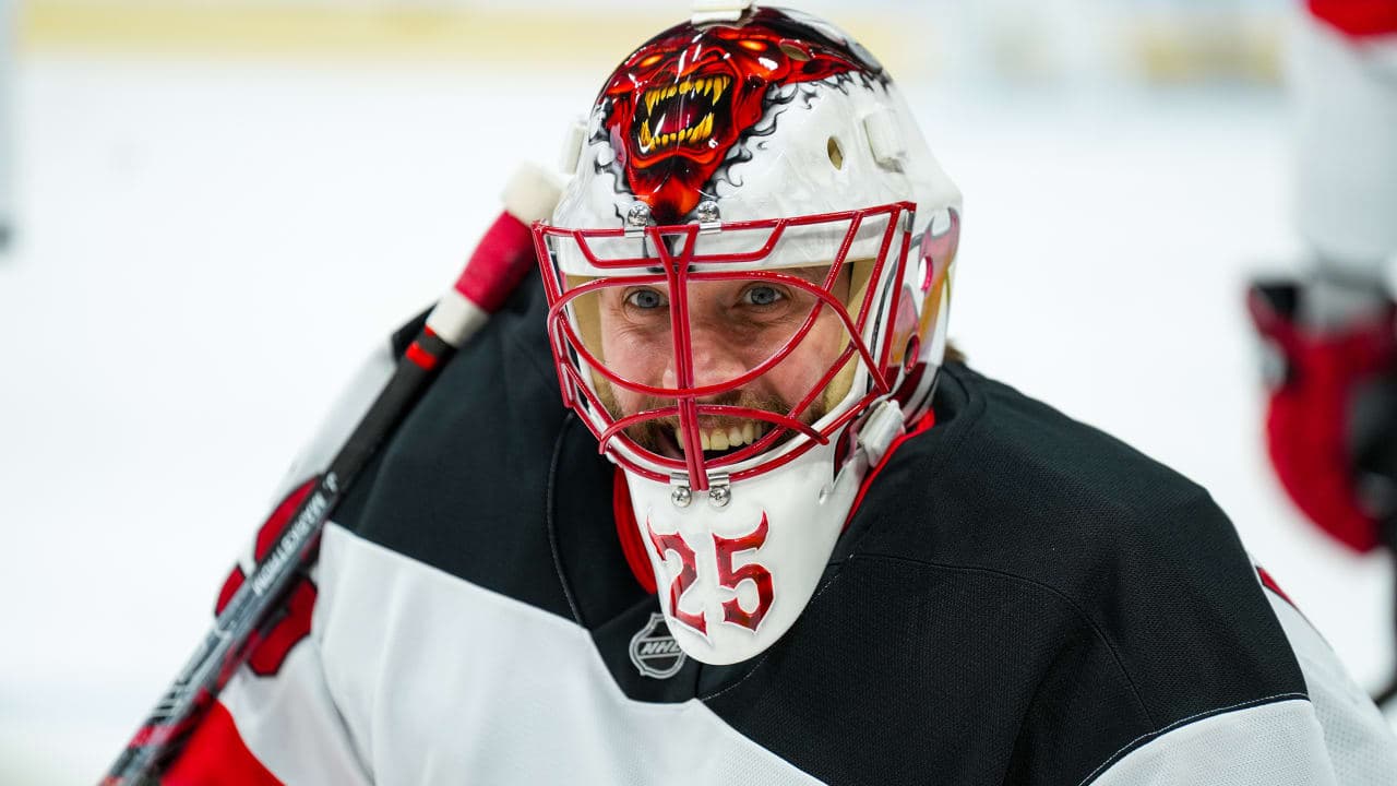 Jacob Markstrom #25 of the New Jersey Devils smiles during warmups before a game against the Minnesota Wil at Grand Casino Arena on January 12, 2026 in St Paul, Minnesota.