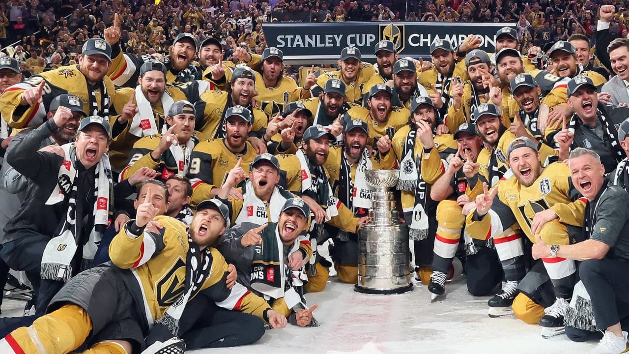 Members of the Vegas Golden Knights pose with the Stanley Cup after defeating the Florida Panthers to win the championship in Game Five of the 2023 NHL Stanley Cup Final at T-Mobile Arena on June 13, 2023 in Las Vegas, Nevada.