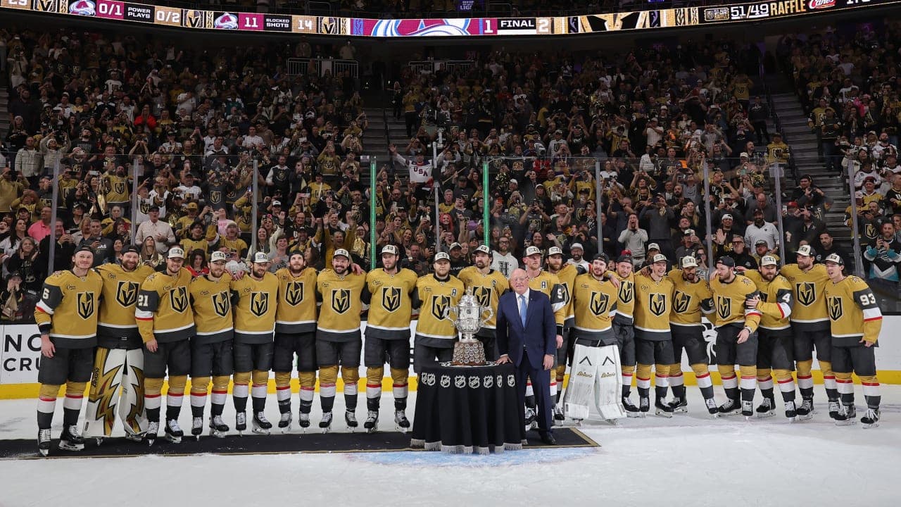 NHL Deputy Commissioner Bill Daly presents the Vegas Golden Knights with the Clarence S. Campbell Bowl after they defeated the Colorado Avalanche 2-1 in Game Four of the Western Conference Final of the 2026 Stanley Cup Playoffs at T-Mobile Arena on May 26, 2026 in Las Vegas, Nevada