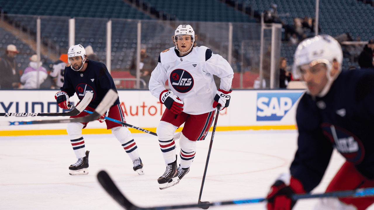 WINNIPEG, CANADA - OCTOBER 24: Dawson Mercer #19 of the Winnipeg Jets skates during practice for the 2026 NHL Heritage Classic at Princess Auto Stadium on October 24, 2026 in Winnipeg, Canada.