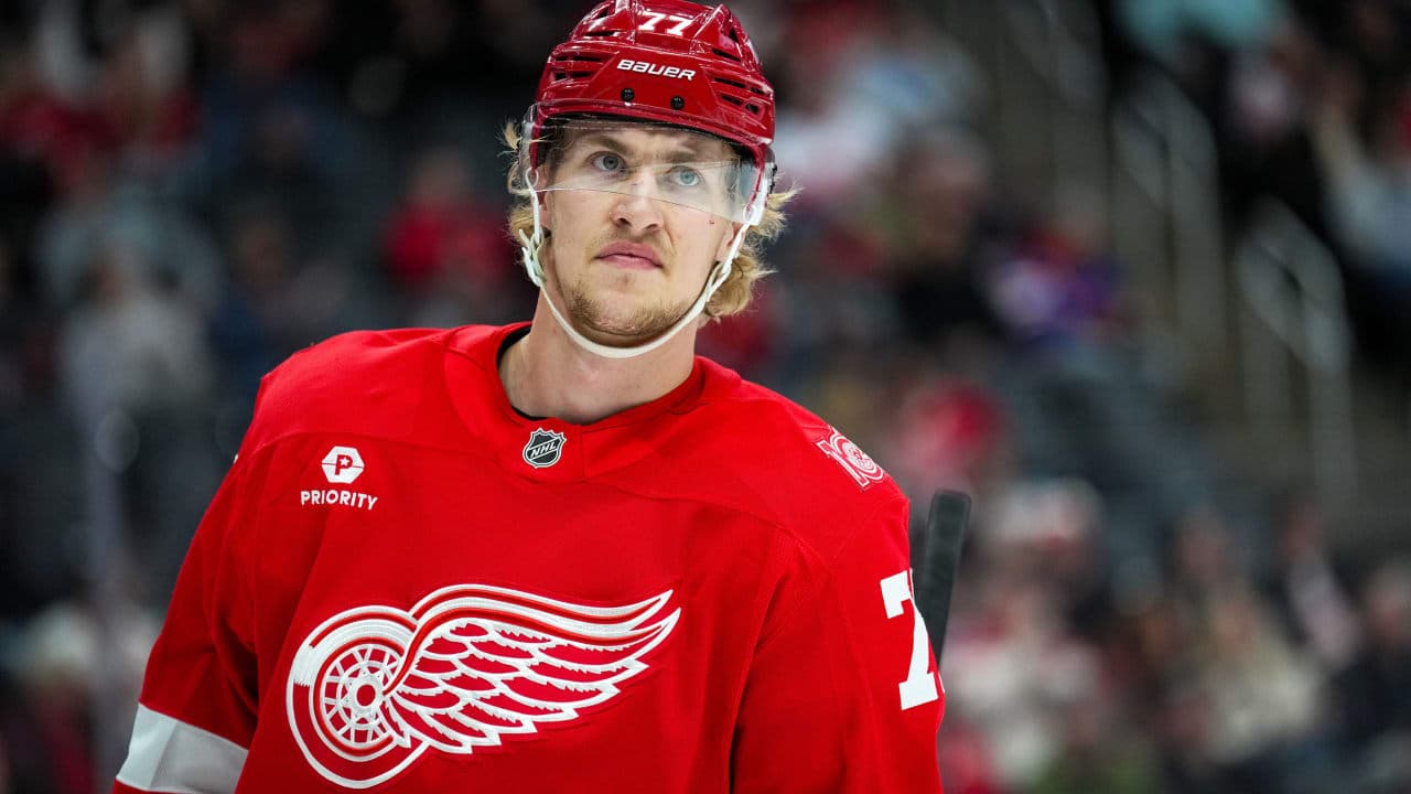 Simon Edvinsson #77 of the Detroit Red Wings looks on against the Vegas Golden Knights at Little Caesars Arena on March 04, 2026 in Detroit, Michigan