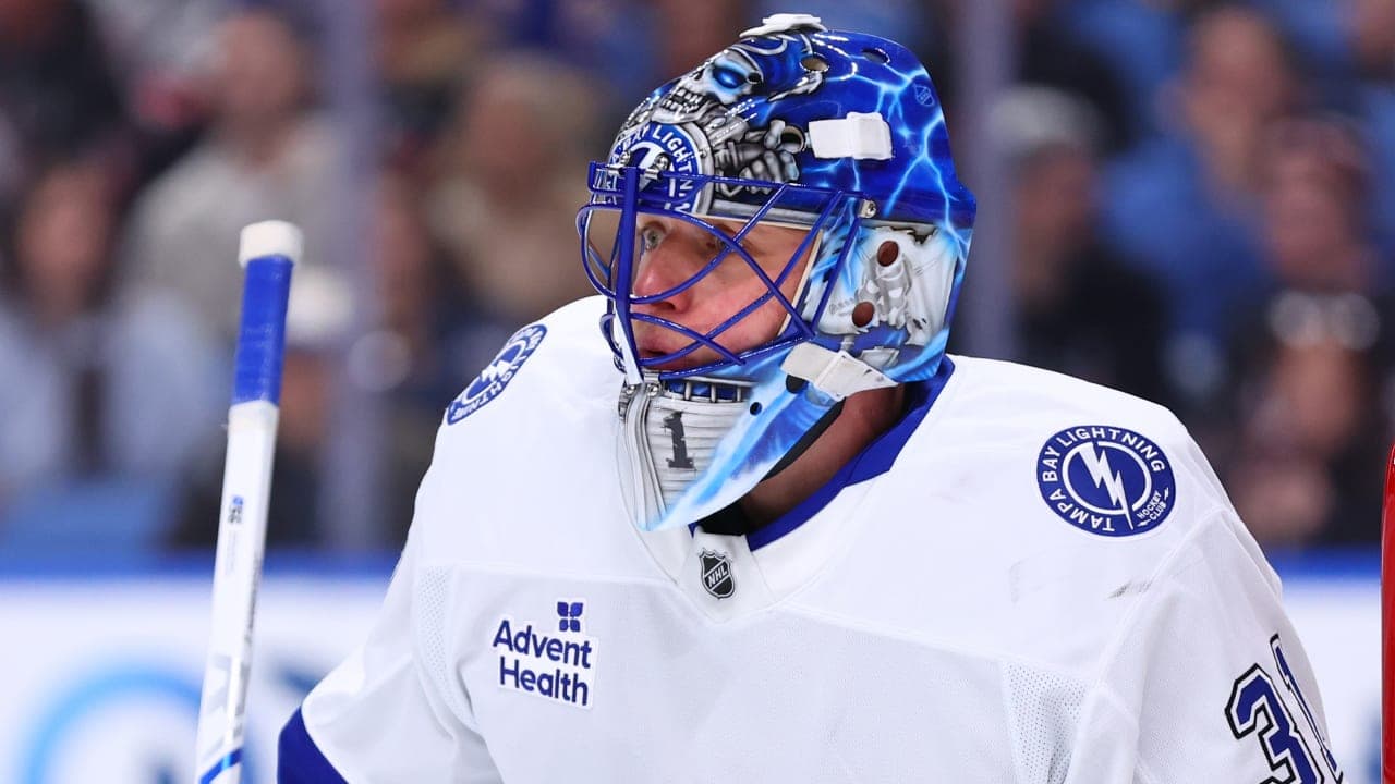 Jonas Johansson #31 of the Tampa Bay Lightning tends goal against the Buffalo Sabres during an NHL game on March 08, 2026 at KeyBank Center in Buffalo, New York.