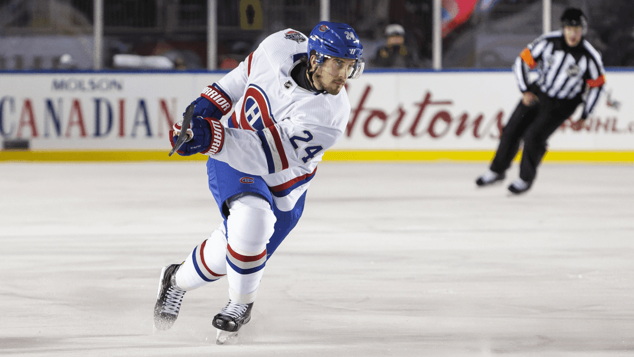 Phillip Danault #24 of the Montreal Canadiens fires a shot against the Ottawa Senators at the 2017 Scotiabank NHL 100 Classic at Lansdowne Park on December 16, 2017 in Ottawa, Canada