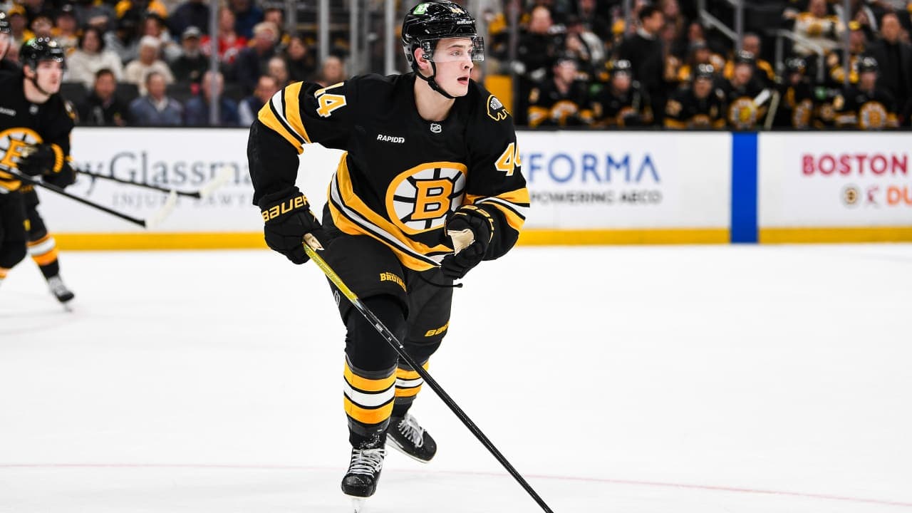 James Hagens #44 of the Boston Bruins skates during the third period against the New Jersey Devils at TD Garden on April 14, 2026 in Boston, Massachusetts.