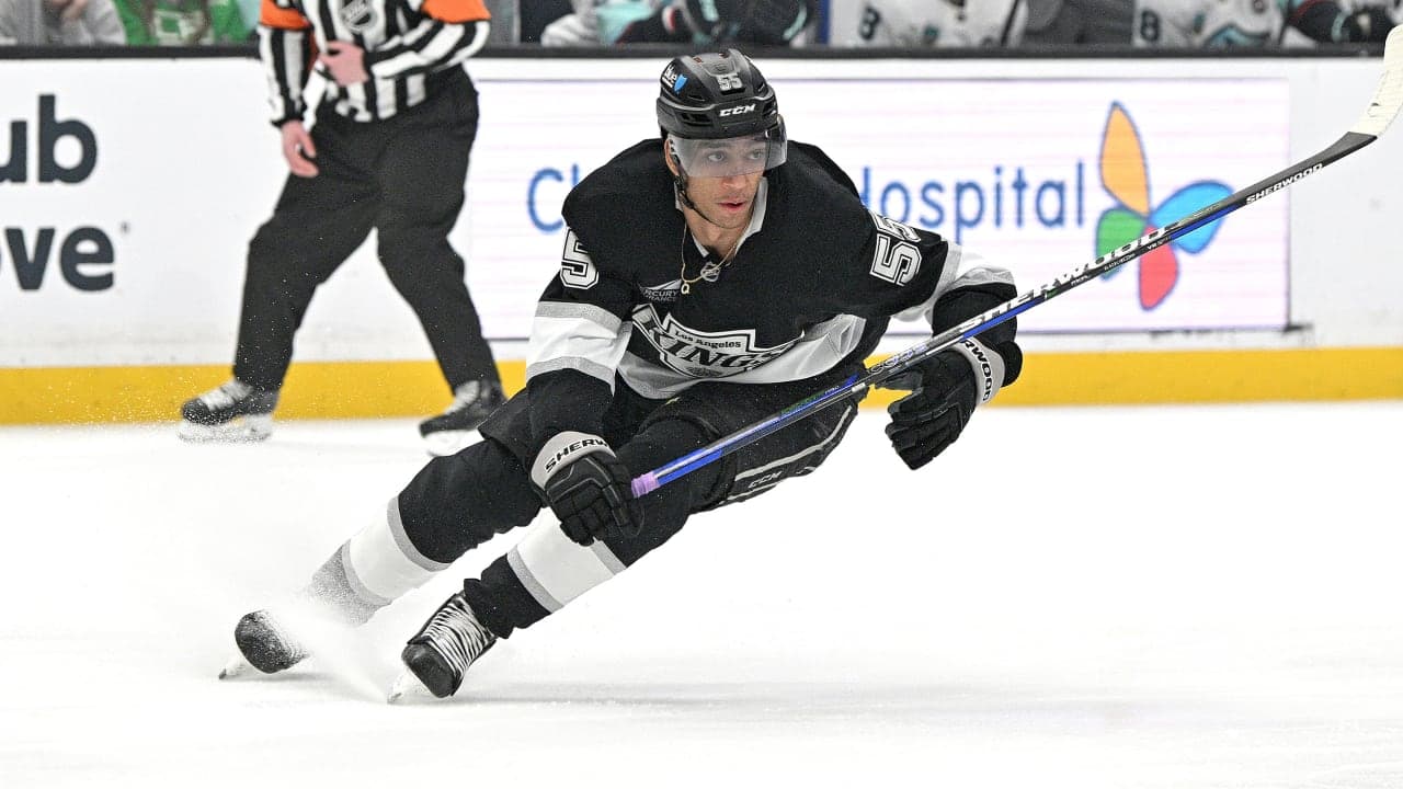 Los Angeles Kings Right Wing Quinton Byfield (55) turns towards the play during a Los Angeles Kings game versus the Seattle Kraken on April 7th, 2025, at the Crypto.com Arena in Los Angeles, CA.