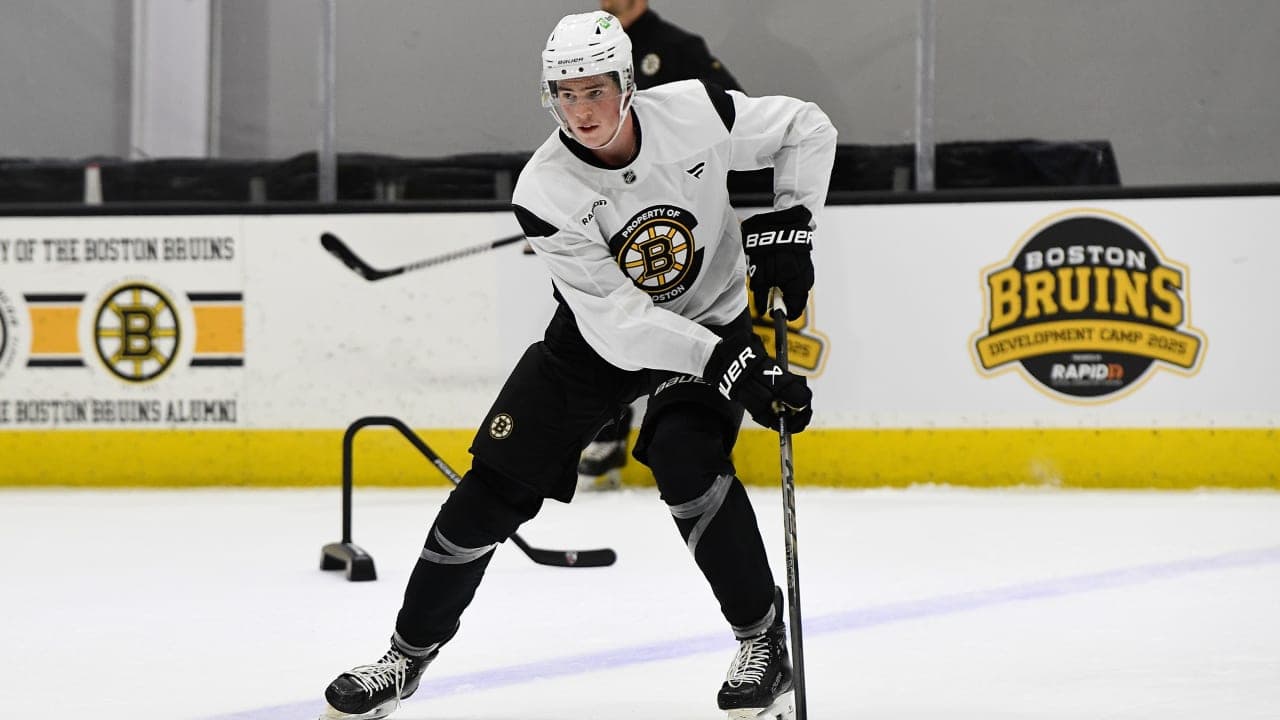 Boston Bruins prospect forward Dean Letourneau skates with the puck during Boston Bruins Development Camp on June 30, 2025, at Warrior Ice Arena in Brighton, MA.