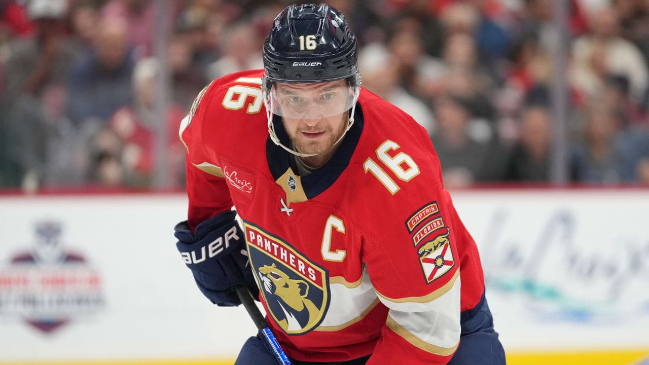 Florida Panthers center Aleksander Barkov (16) watches a face-off in the second period during the game between the Tampa Bay Lightning and the Florida Panthers on Monday, March 3, 2025 at Amerant Bank Arena in Sunrise, FL.