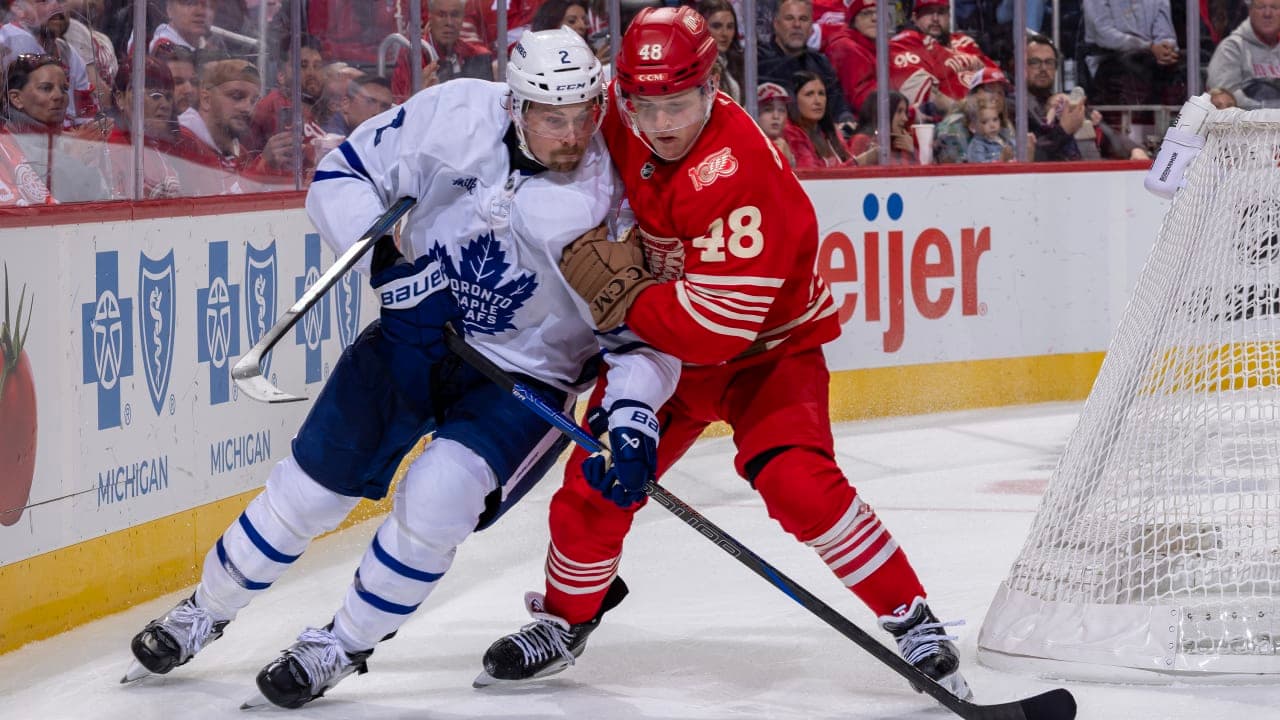 Jonatan Berggren #48 of the Detroit Red Wings battles for the puck with Simon Benoit #2 of the Toronto Maple Leafs during the third period at Little Caesars Arena on October 11, 2025 in Detroit, Michigan. Detroit defeated Toronto 6-3.