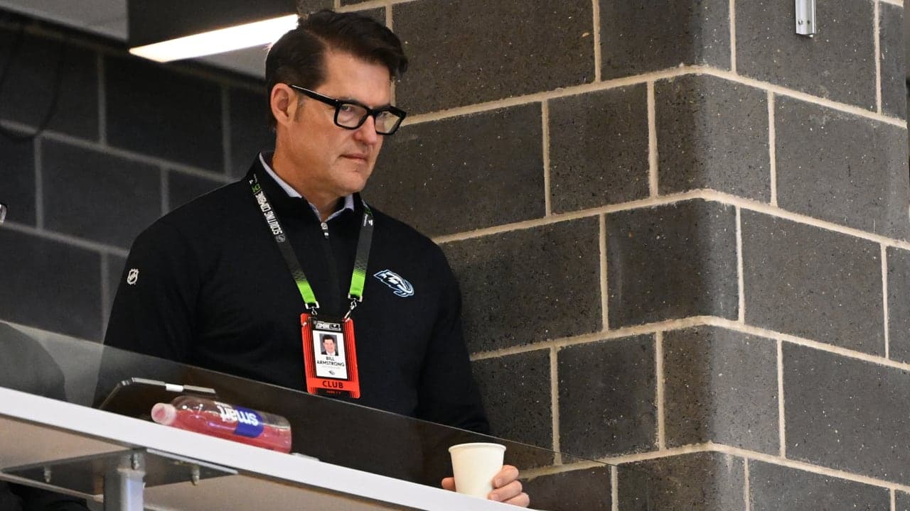 Bill Armstrong, general manager of the Utah Mammoth, watches prospects test hduring the 2025 NHL Scouting Combine at the LECOM Harborcenter on June 7, 2025 in Buffalo, New York.