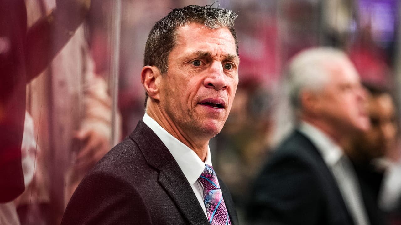Head Coach Rod Brind'Amour of the Carolina Hurricanes looks on during the second period of the game against the New York Islanders at Lenovo Center on April 4, 2026 in Raleigh, North Carolina. 