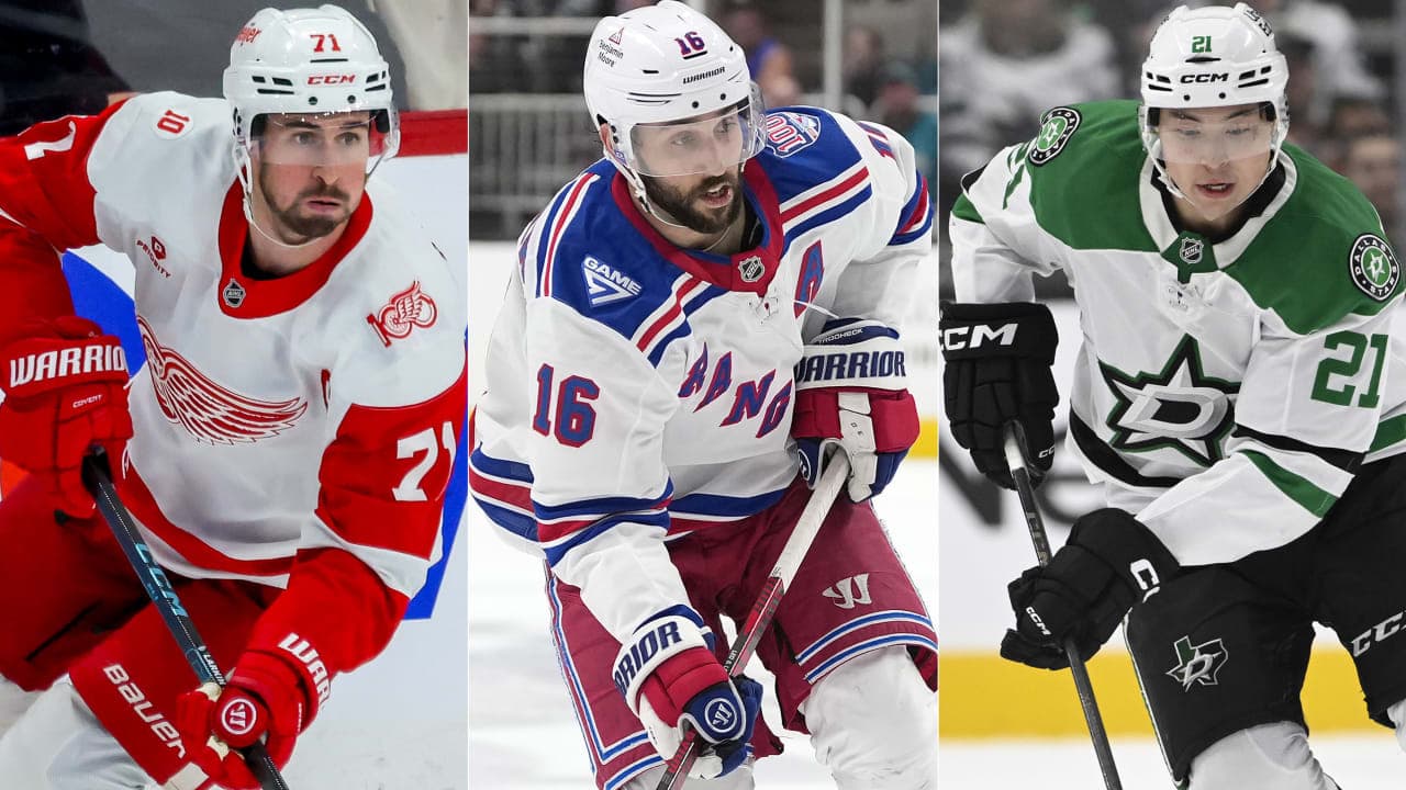 Three way split image of Dylan Larkin, Vincet Trocheck and Jason Robertson