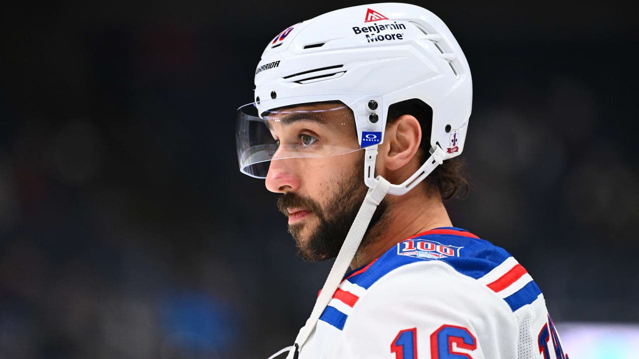 Vincent Trocheck #16 of the New York Rangers warms up prior to a game against the Columbus Blue Jackets at Nationwide Arena on March 19, 2026 in Columbus, Ohio.