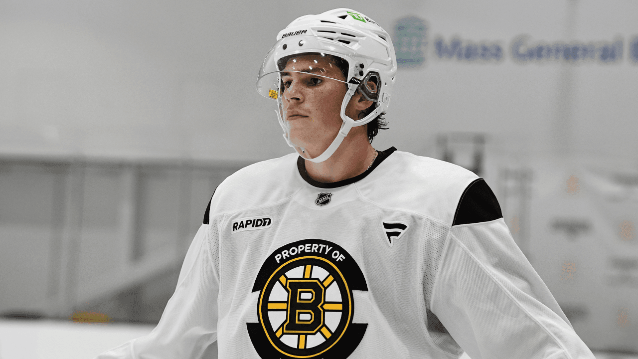 Boston Bruins prospect forward Dean Letourneau looks on during Boston Bruins Development Camp