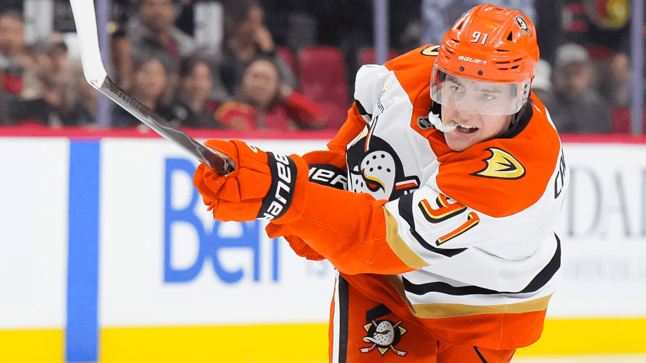 Leo Carlsson #91 of the Anaheim Ducks shoots the puck against the Ottawa Senators during the second period on March 14, 2026 at Canadian Tire Centre in Ottawa, Ontario, Canada.