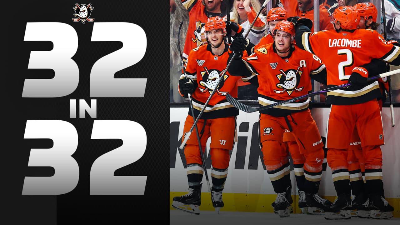 Jackson LaCombe #2, Troy Terry #19,Cutter Gauthier #61, and Drew Helleson #14 congratulate Leo Carlsson #91 of the Anaheim Ducks after his goal during the third period in Game Three of the First Round of the 2026 Stanley Cup Playoffs against the Edmonton Oilers at Honda Center on April 24, 2026 in Anaheim, California. 