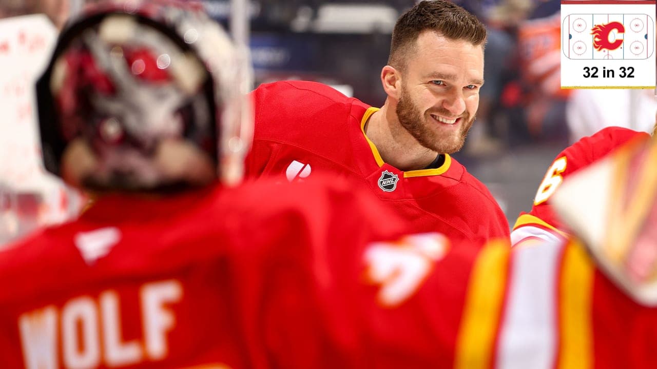 Jonathan Huberdeau #10 of the Calgary Flames is all smiles during warmup prior to the game against the Edmonton Oilers at Scotiabank Saddledome on February 4, 2026 in Calgary, Alberta, Canada. (Photo by Gerry Thomas/NHLI via Getty Images)