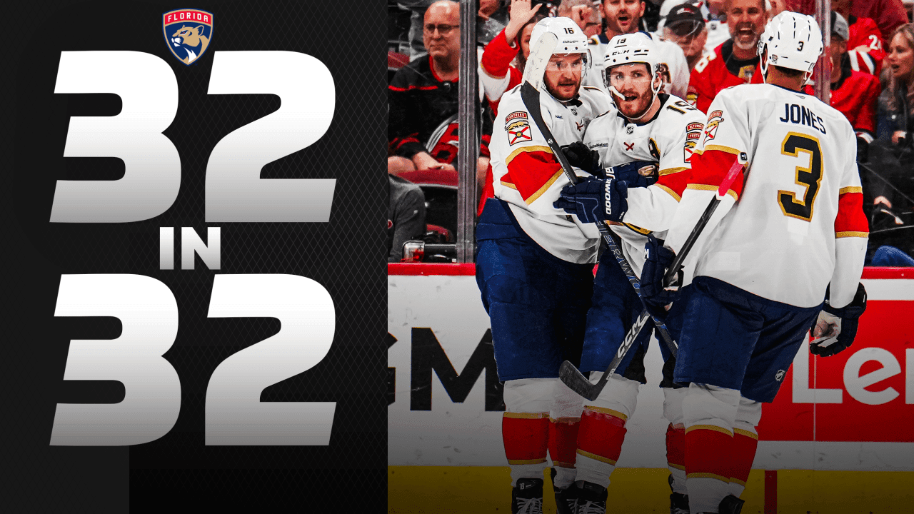 Aleksander Barkov #16 of the Florida Panthers celebrates his goal with teammates Matthew Tkachuk #19 and Seth Jones #3 of the Florida Panthers