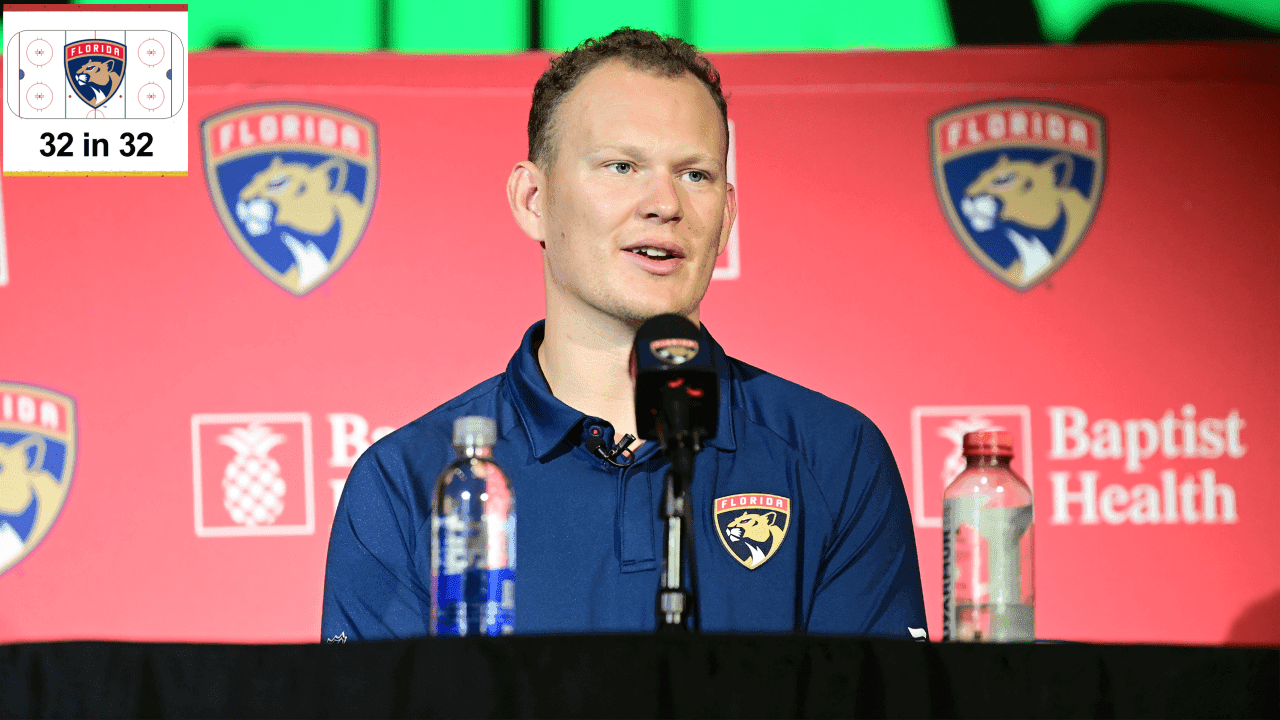 Brady Tkachuk #8 of the Florida Panthers answers a media question at his introductory press conference 