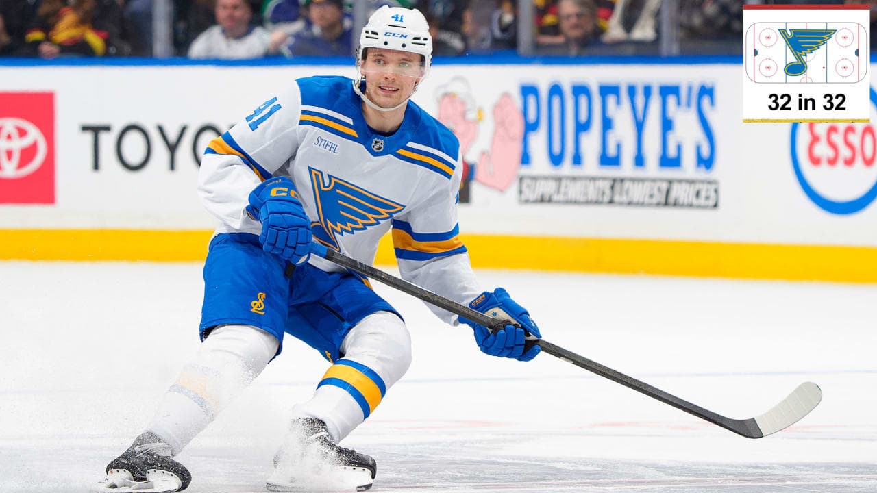 VANCOUVER, CANADA - MARCH 21: Theo Lindstein #41 of the St. Louis Blues skates up ice during their NHL game against the Vancouver Canucks at Rogers Arena on March 21, 2026 in Vancouver, British Columbia, Canada. (Photo by Jeff Vinnick/NHLI via Getty Images)
