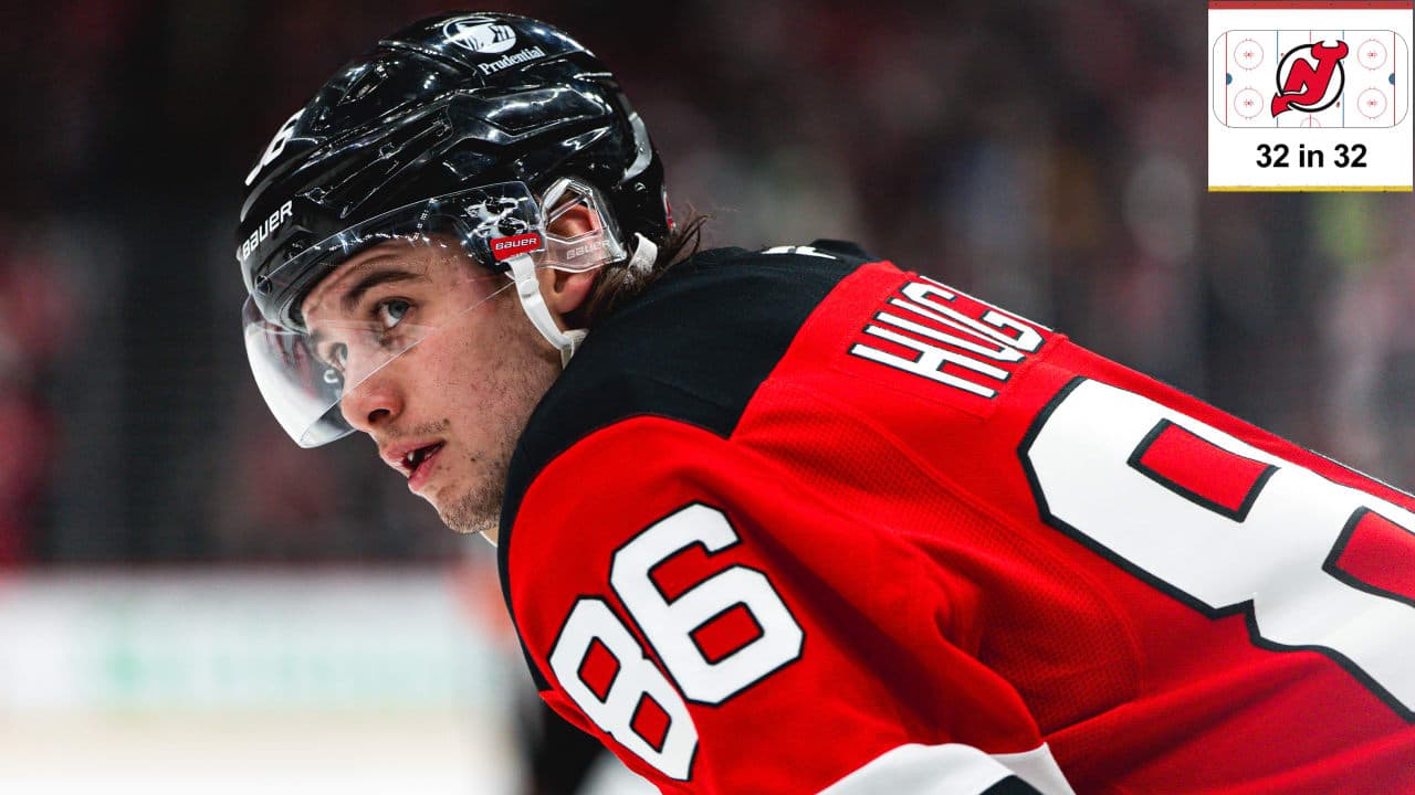 Jack Hughes #86 of the New Jersey Devils looks on during the first period of the NHL regular season game against the Buffalo Sabres at the Prudential Center on February 25, 2026 in Newark, New Jersey.