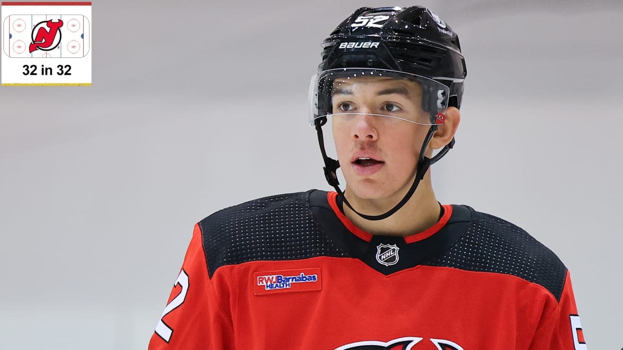 First-round draft pick Anton Silayev #52 of the New Jersey Devils skates during New Jersey Devils Development Camp at the Prudential Center on July 3, 2024 in Newark, New Jersey. 