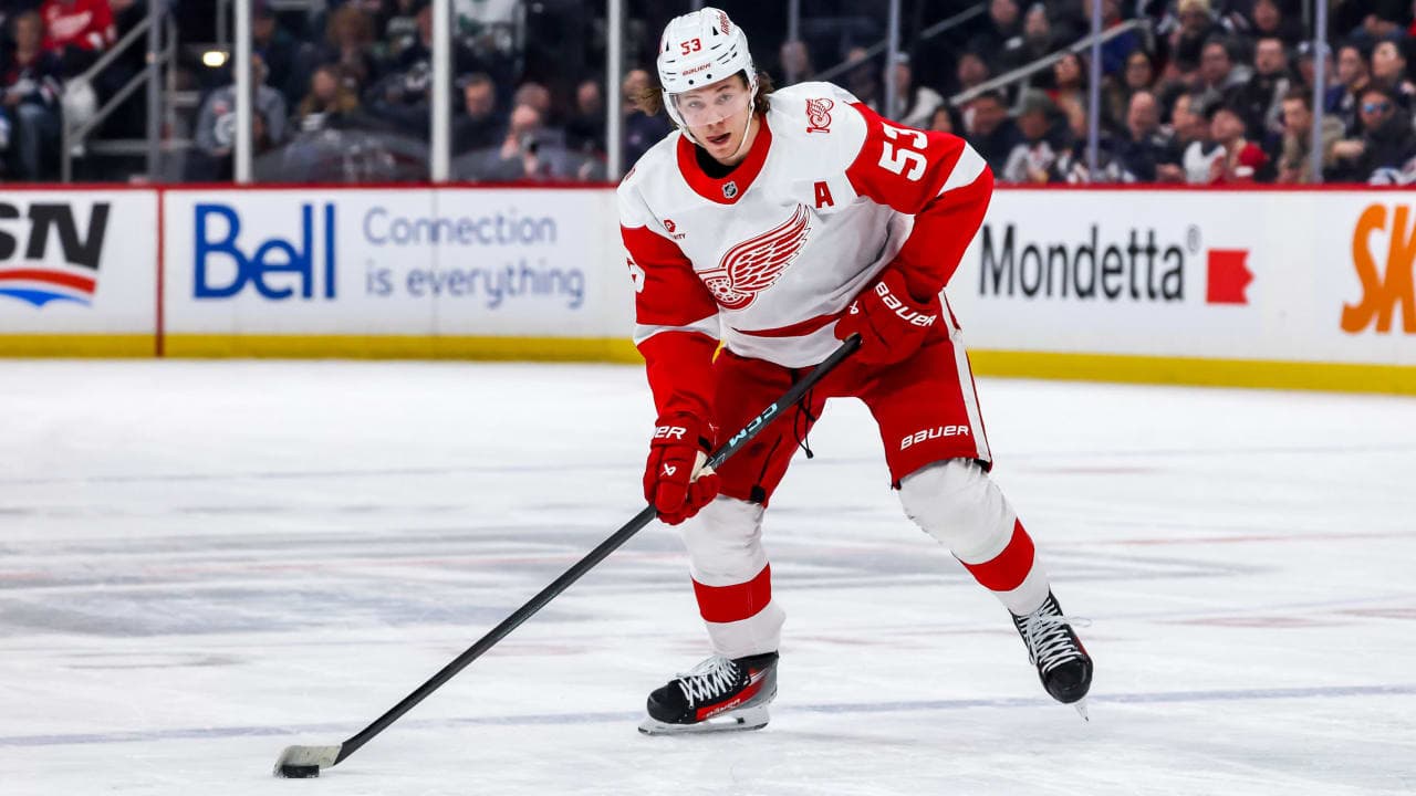 Moritz Seider #53 of the Detroit Red Wings plays the puck during first period action against the Winnipeg Jets at the Canada Life Centre on January 24, 2026 in Winnipeg, Manitoba, Canada.