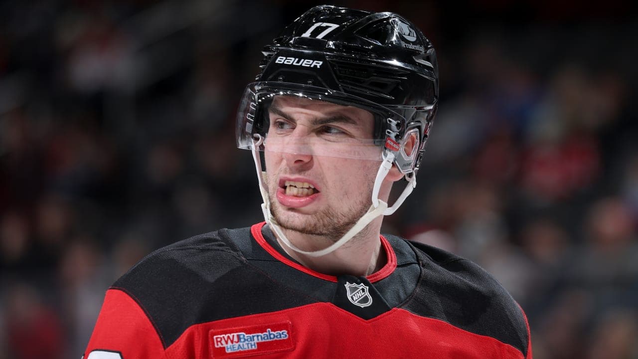 Simon Nemec #17 of the New Jersey Devils reacts during the third period against the Washington Capitals at Prudential Center on April 02, 2026 in Newark, New Jersey. The New Jersey Devils defeated the Washington Capitals 7-3.