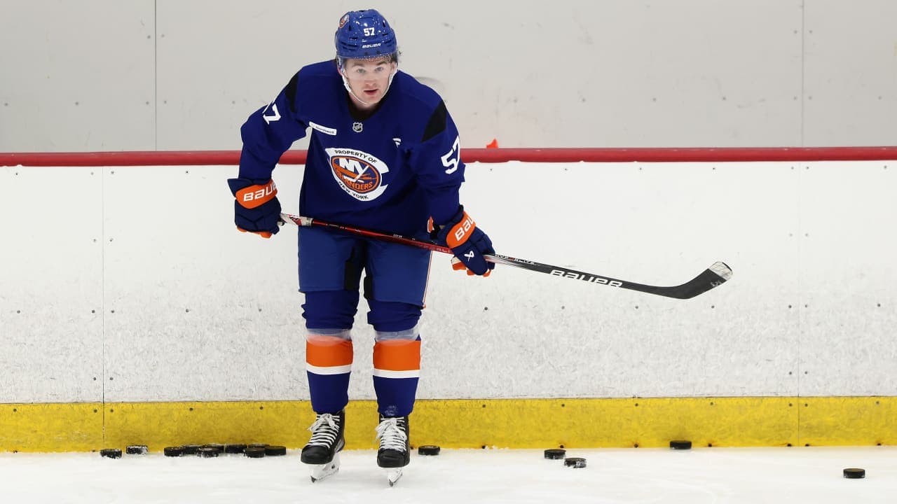 Cole Eiserman #57 takes part in practice during the New York Islanders 2025 Development Camp at Northwell Health Ice Center at Eisenhower Park on June 30, 2025 in East Meadow, New York.