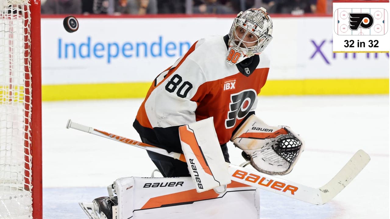 Dan Vladar #80 of the Philadelphia Flyers makes a save against the Pittsburgh Penguins during the third period in Game Six of the First Round of the 2026 Stanley Cup Playoffs at Xfinity Mobile Arena on April 29, 2026 in Philadelphia, Pennsylvania