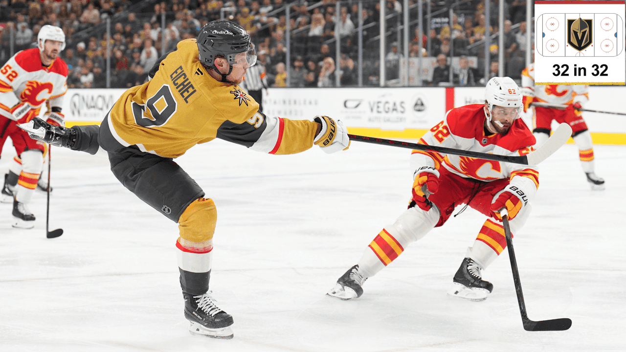 Jack Eichel #9 of the Vegas Golden Knights shoots the puck during the first period against the Calgary Flames at T-Mobile Arena on October 28, 2024 in Las Vegas, Nevada.