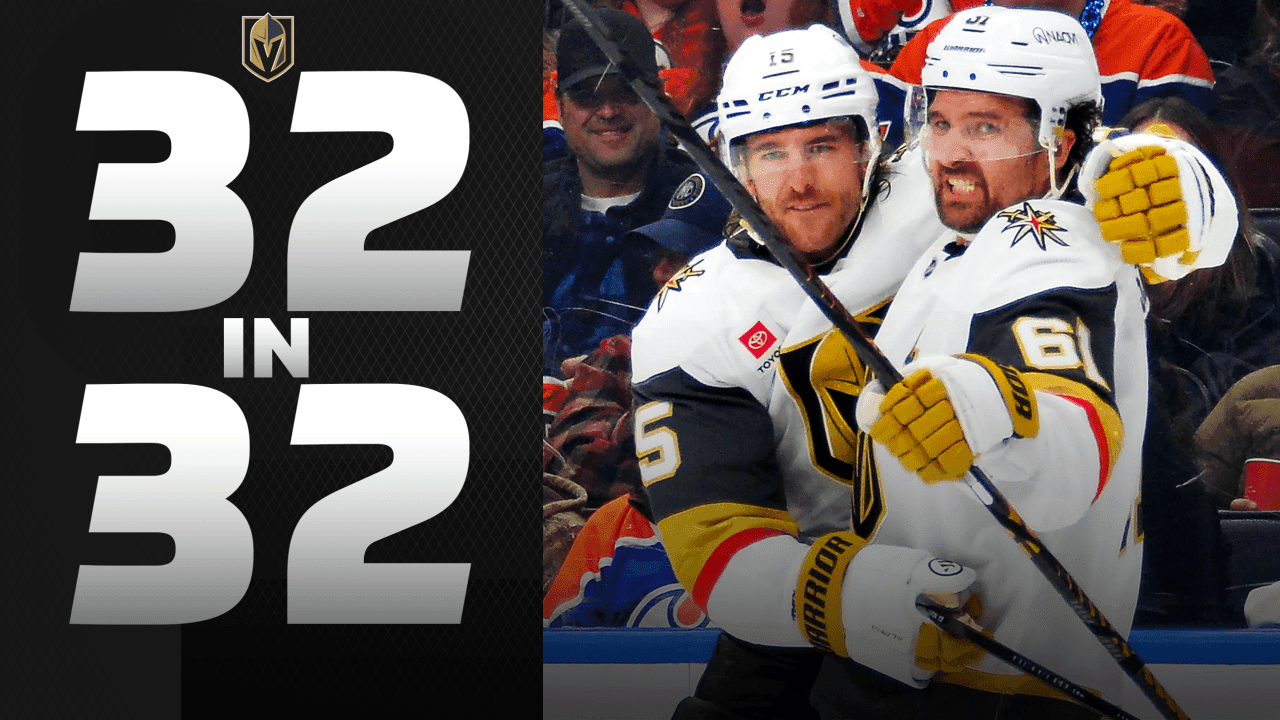 Noah Hanifin #15 and Mark Stone #61 of the Vegas Golden Knights celebrate a third-period goal against the Edmonton Oilers during the game at Rogers Place on April 4, 2026, in Edmonton, Alberta, Canada.