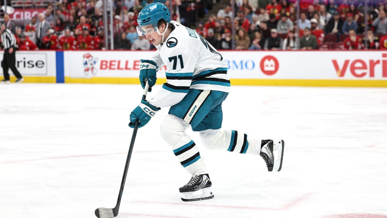 Macklin Celebrini #71 of the San Jose Sharks skates against the Chicago Blackhawks at the United Center on April 15, 2026 in Chicago, Illinois.