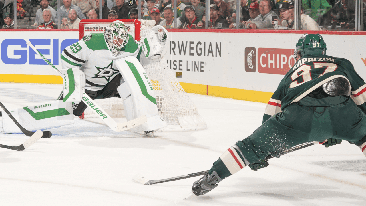 Jake Oettinger #29 of the Dallas Stars makes a save against Kirill Kaprizov #97 of the Minnesota Wild in Game Three of the First Round of the 2026 Stanley Cup Playoffs at Grand Casino Arena on April 22, 2026 in Saint Paul, Minnesota.