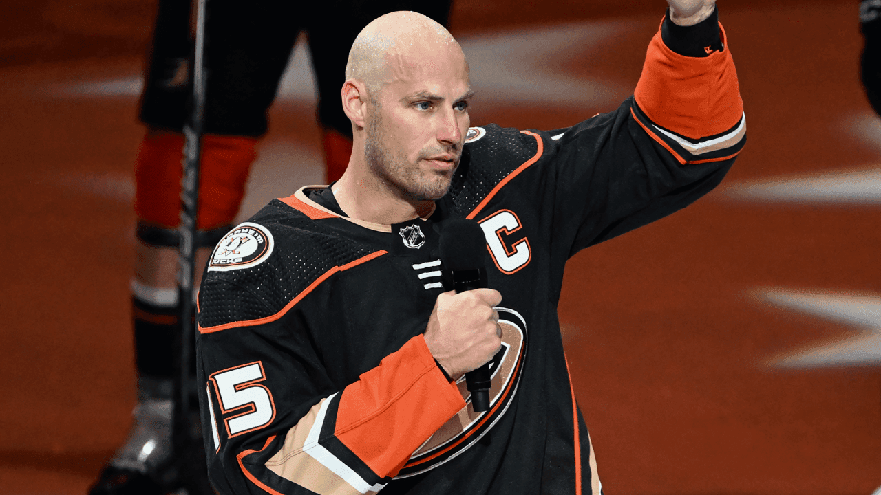 Anaheim Ducks captain Ryan Getzlaf (15) talks and waves to the fans after playing in his last NHL hockey game as he heads into retirement after a game against the St. Louis Blues played on April 24, 2022 at the Honda Center in Anaheim, CA. The Blues defeated the Ducks 6 to 3.