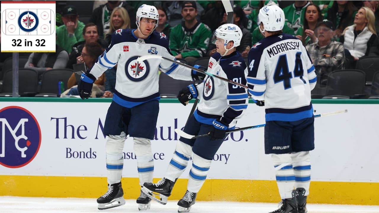 Gabriel Vilardi #13 of the Winnipeg Jets celebrates with Cole Perfetti #91 and Josh Morrissey #44 after scoring a goal during the second period against the Dallas Stars at American Airlines Center on February 02, 2026 in Dallas, Texas