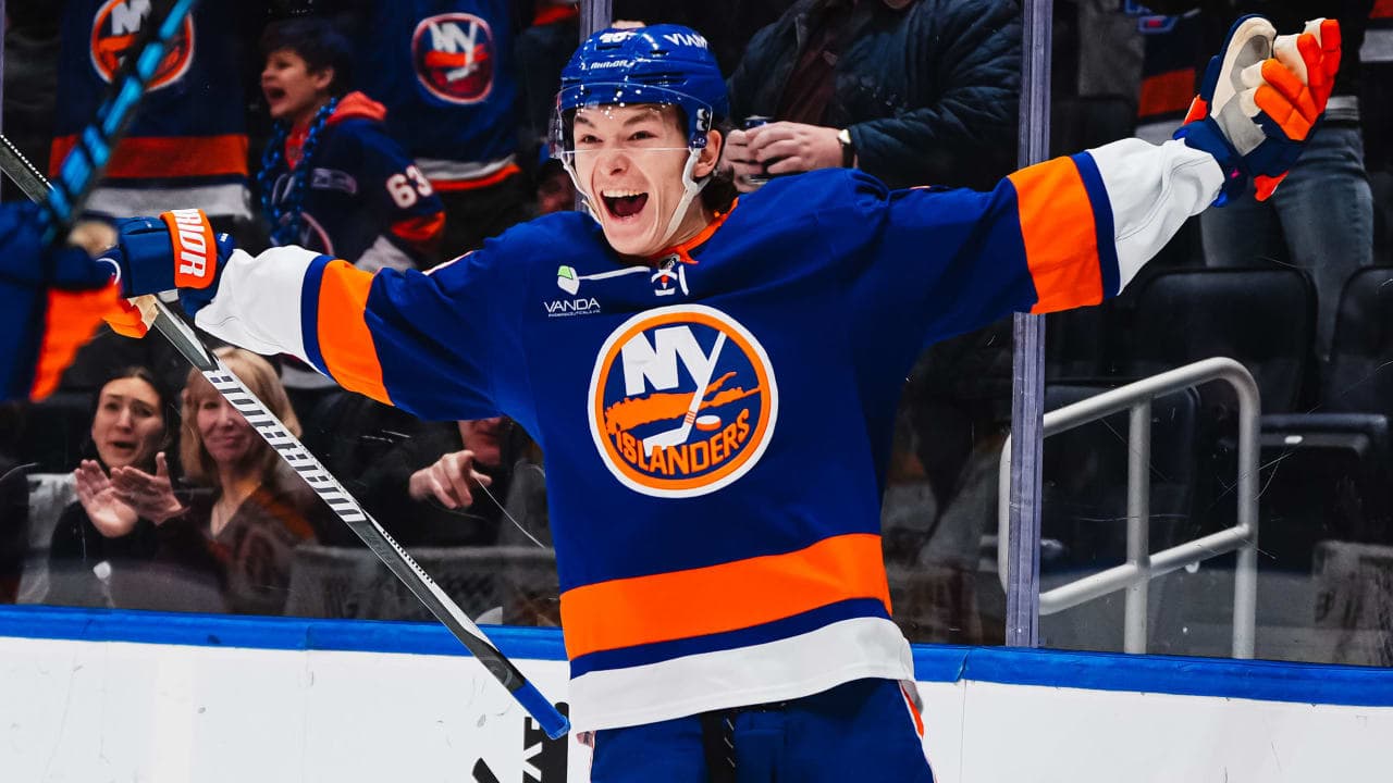 Matthew Schaefer #48 of the New York Islanders celebrates a goal during the first period of a game against the Nashville Predators at UBS Arena on January 31, 2026 in Elmont, New York. 