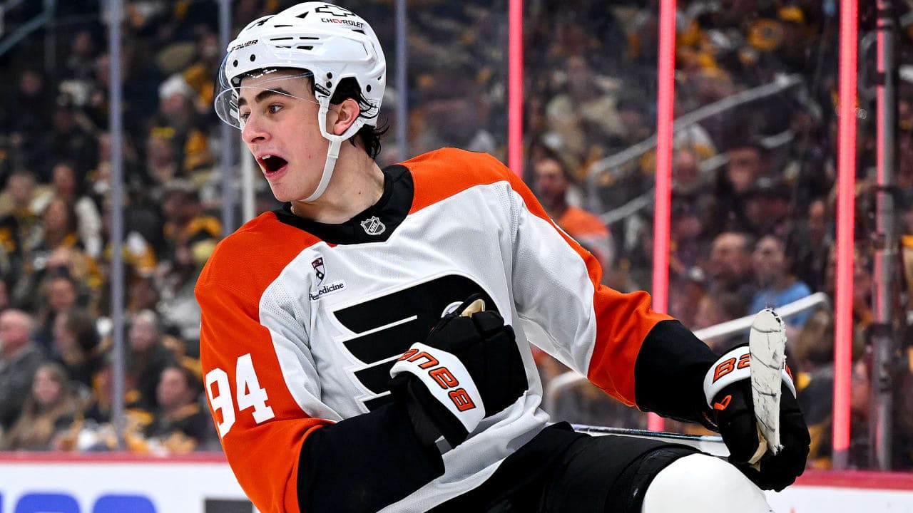 Porter Martone #94 of the Philadelphia Flyers celebrates his second period goal against the Pittsburgh Penguins in Game Two of the First Round of the 2026 Stanley Cup Playoffs at PPG PAINTS Arena on April 20, 2026 in Pittsburgh, Pennsylvania. 